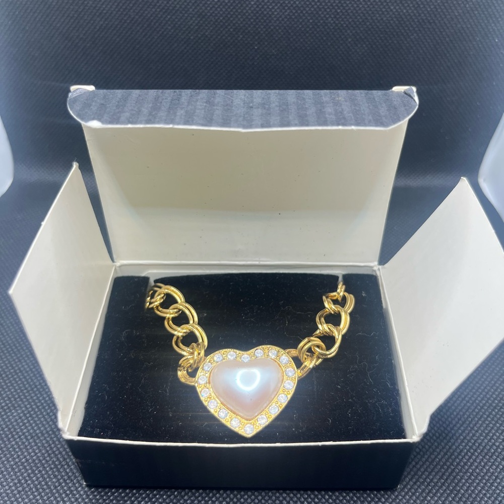Avon Gold and White Heart Necklace